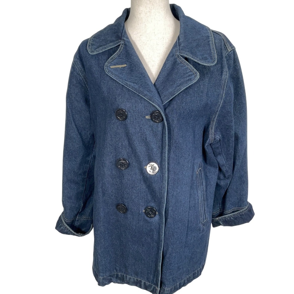 Brandon Thomas Pea Coat Women Medium Blue Double Breasted Denim Jacket VTG